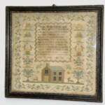 Finely worked sampler with a variety of motifs and a modest Chapel or School Building