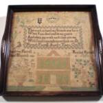 Probably Pennsylvania, Quaker Sampler with House, motifs, pious verse, memorial.  Hannah Farrell 1821