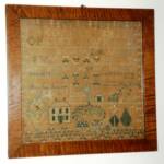 Very folksy New York sampler by Mary Jane Pettit 1840.  Names Palmyra (NY) and her instructor, Miss Cobb