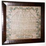 Exceptional North Carolina sampler with interesting Quaker elements.  Worked by Elizabeth Woodbur(y) of Oxford NC (small town north of Raleigh).  Descended in family