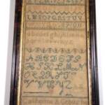 Lovely vertical Pennsylvania sampler. Catherine A Crous/Crouse 1842 names Carlisle (PA).