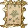 Fine circa 1800 miniature English motif sampler worked in silks on sheer linen gauze.  Most intriguing gilt frame!